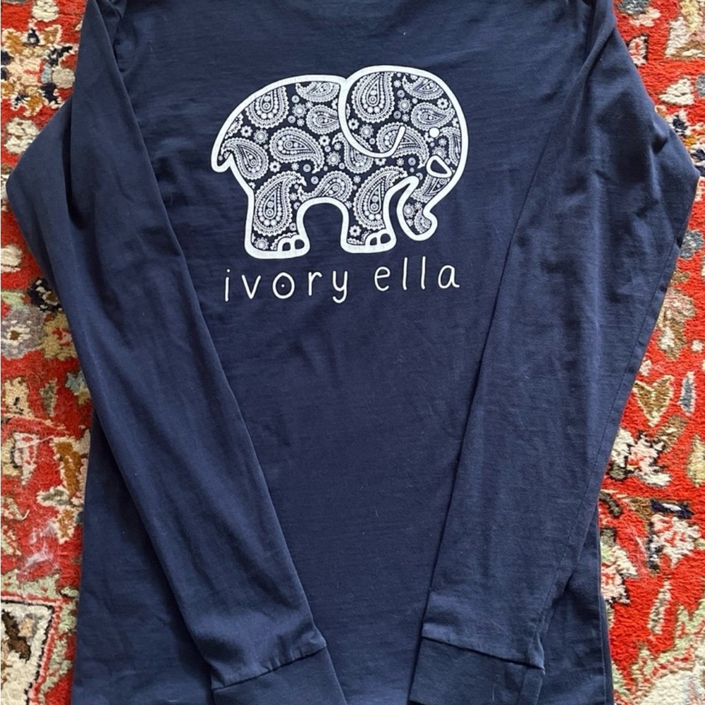 Ivory Ella Navy/White Women’s Cotton LS Tee W/Paisley Elephant EUC XS